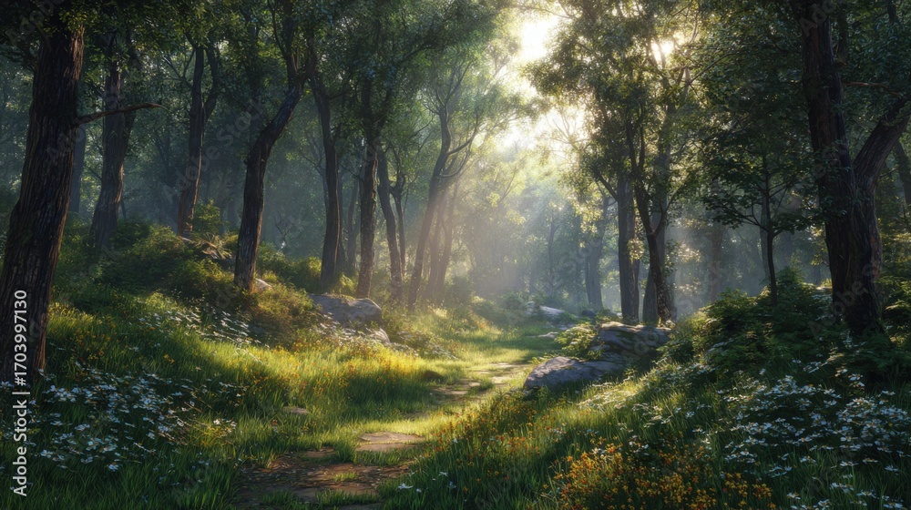 Naklejka premium Morning light streams through thick tree canopies, illuminating a peaceful forest path filled with vibrant wildflowers and fresh green grass, inviting exploration and connection with nature.