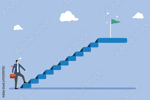 Start business to success, entrepreneur initiate opportunity to win, prepare to begin, progress or growing to reach goal challenge, businessman start or begin step up stair to success to reach goal.