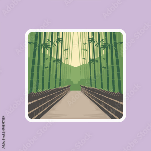 A serene pathway leads through a lush bamboo forest, sunlight filtering through the tall green stalks, creating a tranquil and inviting scene, perfect for a peaceful escape