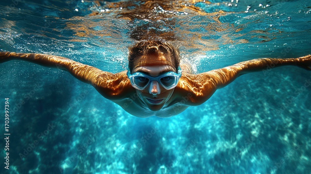 Fototapeta premium Woman snorkeling, underwater view. Sunlight streams through
