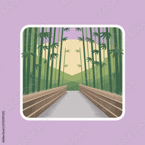 A picturesque bamboo forest with a path leading through it, bathed in soft sunlight, offering a peaceful and scenic view, inviting exploration and tranquility