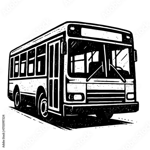 Monochromatic vintage-inspired city bus illustration, hand-drawn vector art in classic black and white, depicting a public transit vehicle with textured woodcut/linocut style. Ideal for retro urban tr