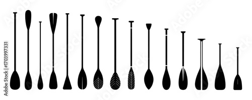 Collection of Black Silhouette Paddles and Oars on White Background