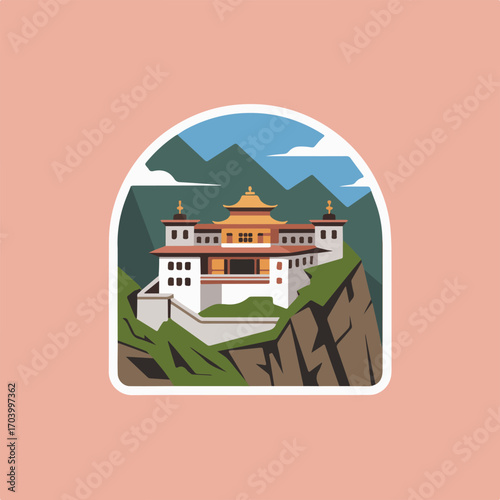 A majestic monastery perched atop a cliff, surrounded by mountains and clouds, showcasing the architectural beauty and spiritual significance of the location