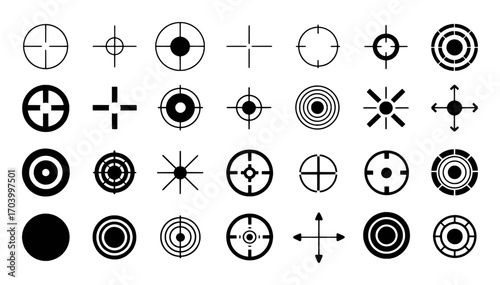 Collection of Diverse Crosshair and Reticle Icons for Targeting and Aiming