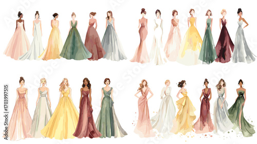 

Elegant fashion illustration of women in colorful evening gowns, watercolor style design perfect for fashion, bridal, beauty, and modern lifestyle projects.