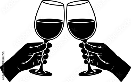 two hands holding and clinking wine  glasses vector illustration