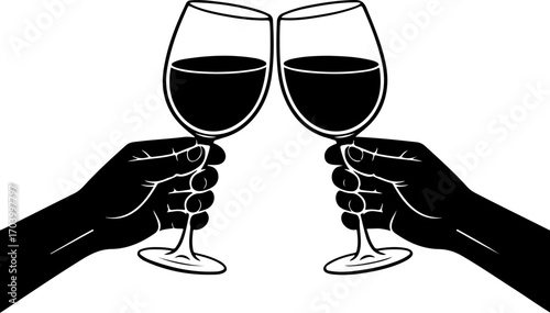 two hands holding and clinking wine  glasses vector illustration