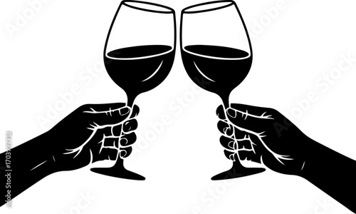 two hands holding and clinking wine  glasses vector illustration