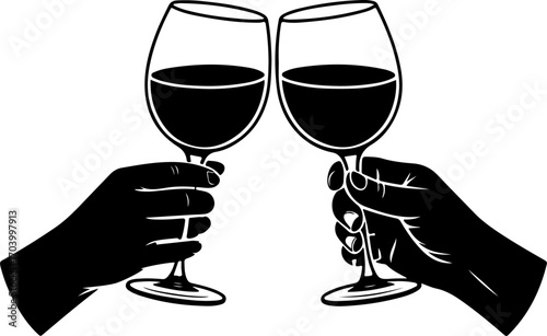 two hands holding and clinking wine  glasses vector illustration