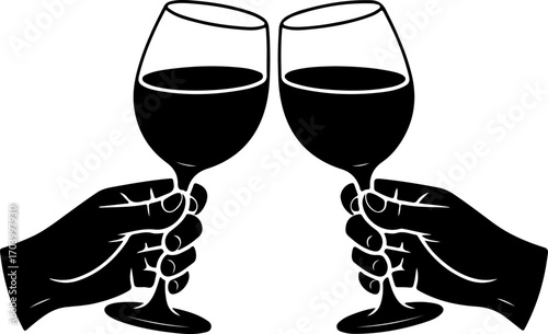 two hands holding and clinking wine  glasses vector illustration