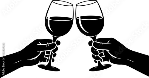 two hands holding and clinking wine  glasses vector illustration