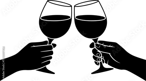 two hands holding and clinking wine  glasses vector illustration