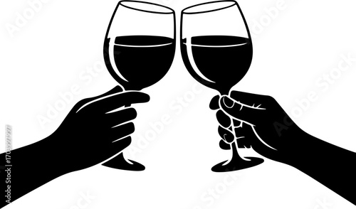 two hands holding and clinking wine  glasses vector illustration
