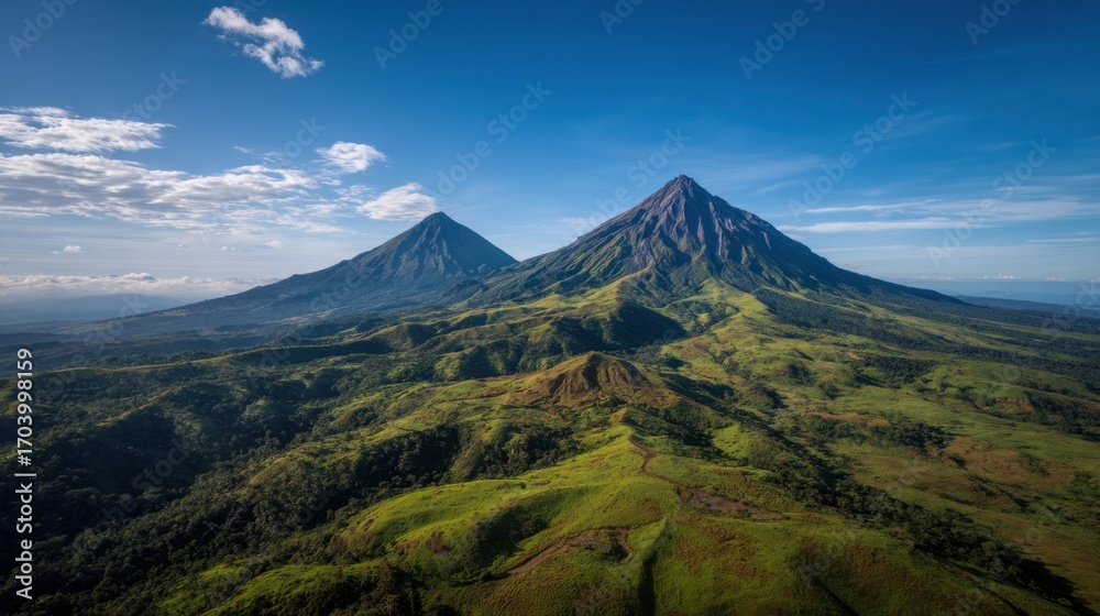 Fototapeta premium Two towering volcanoes dominate the landscape, surrounded by vibrant green hills under a clear sky. The natural beauty showcases the Earths geological wonders in morning light.