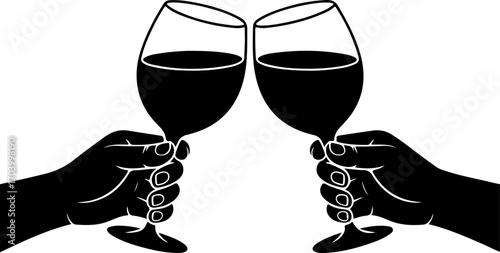 two hands holding and clinking wine  glasses vector illustration