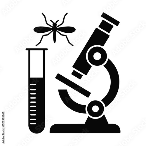 Black vector of test tubes and microscope with mosquito icon, symbolizing malaria research and scientific study on white background