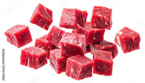  Scattered Raw Beef Cubes, Angled Perspective, Transparent PNG