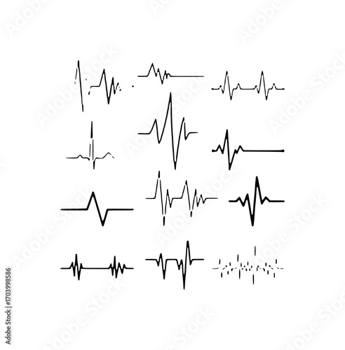 Collection of Diverse Black and White Heartbeat EKG Line Art Graphics