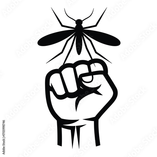 Vector of a clenched fist breaking a mosquito icon in bold black outline, symbolizing malaria resistance and disease prevention