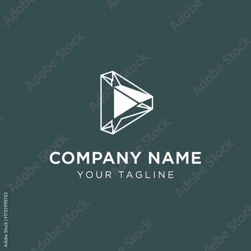 Modern geometric play button logo with company name and tagline on a dark teal background.