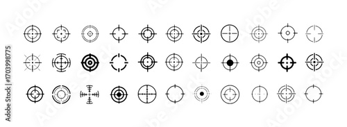 Collection of Diverse Crosshair and Reticle Icons for Targeting and Aiming