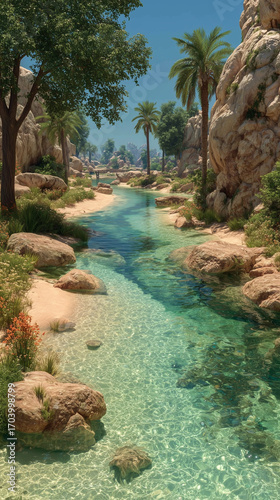 Desert oasis path with palm trees and clear water, mirage atmosphere, ultra HD generative AI