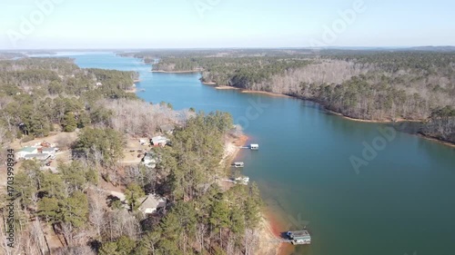 Aerial landscape Clarks Hill Lake in winter after Hurricane Helene in Appling Augusta Georgia