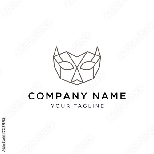 Geometric cat mask logo design, minimalist line art, company branding.
