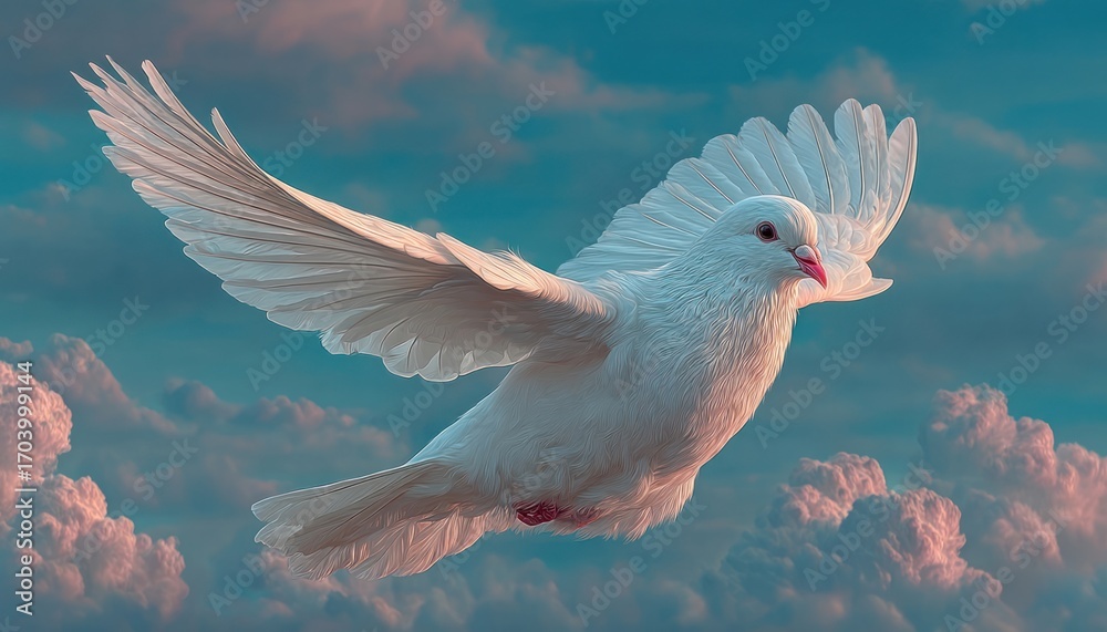 Fototapeta premium Glowing white peace dove in soft sky, International Day of Peace background