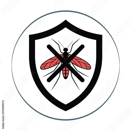 Vector illustration of a shield with red mosquito crossed out, symbolizing malaria protection and disease prevention in bold black outline