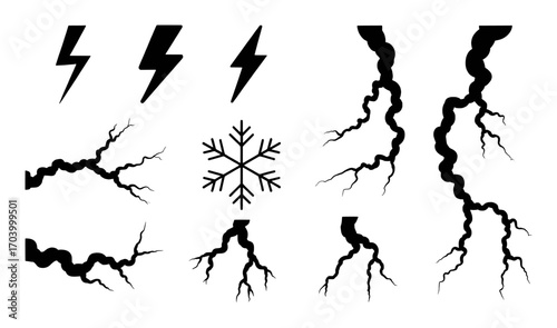 Collection of Lightning Bolts, Cracks, and Snowflake Icons