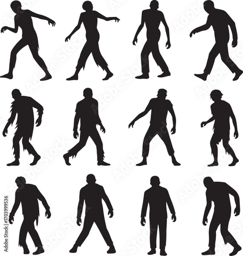 Zombie Silhouette Collection in Various Poses with Torn Clothing and Arms Reaching Out