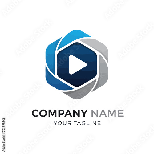 Abstract logo design featuring a play button within a hexagonal shape, with overlapping layers of blue and gray.
