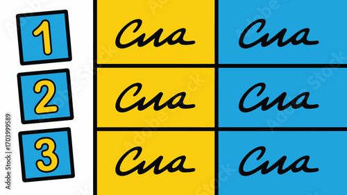 Colorful illustration of number blocks and text blocks arranged in a grid pattern design