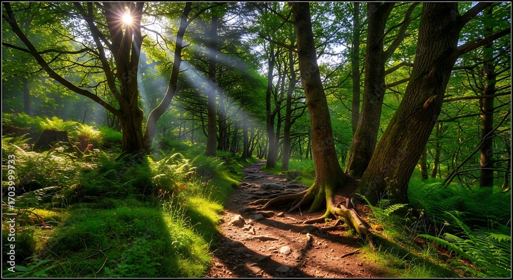 Obraz premium Sunlight Streaming Through Forest Canopy - A Serene Woodland Scene.