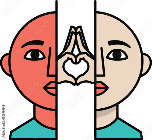 Conceptual illustration of mental health and self-care, showing two sides of a person united by a heart gesture