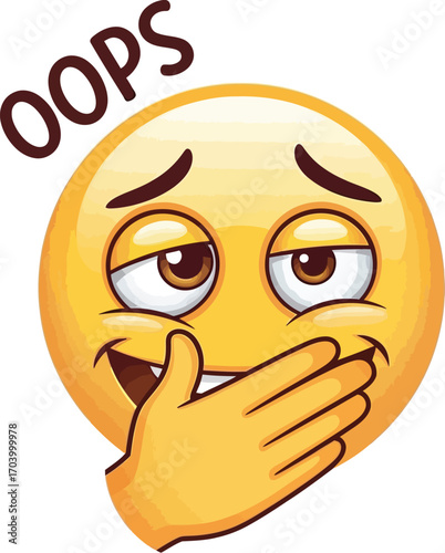 A vector illustration of a yellow emoji with an embarrassed expression, covering its mouth with a hand after making a mistake or saying something wrong