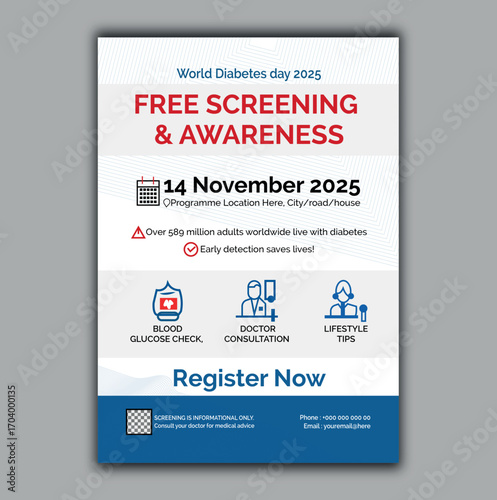 World Diabetes Day 2025 Free Screening Awareness Flyer Template