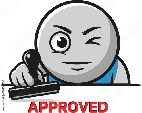 Winking cartoon character mascot holding a rubber stamp with the word Approved, symbolizing official validation and success