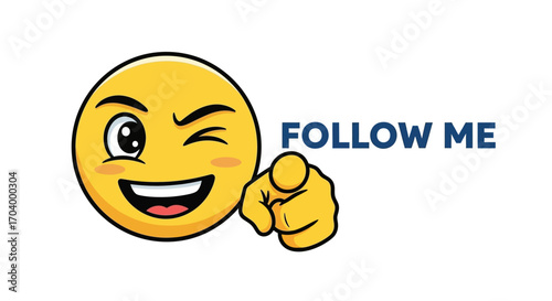 Winking and pointing emoticon illustration encouraging online interaction and engagement. Vector graphic of a happy smiley face pointing at the viewer for social media