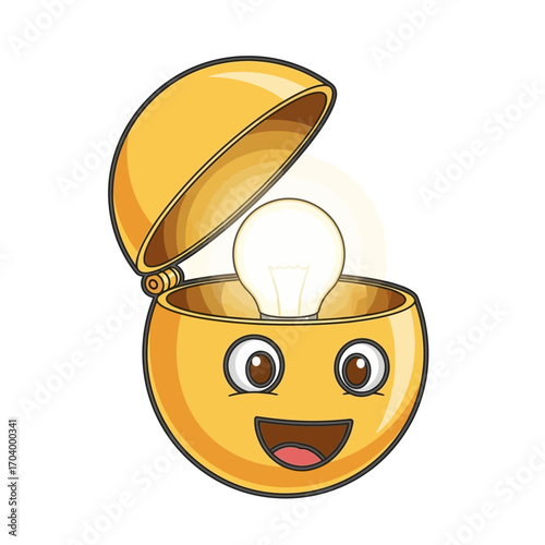 A cheerful cartoon emoticon with its head open like a box, revealing a brightly glowing light bulb symbolizing a brilliant idea, creativity, and innovation