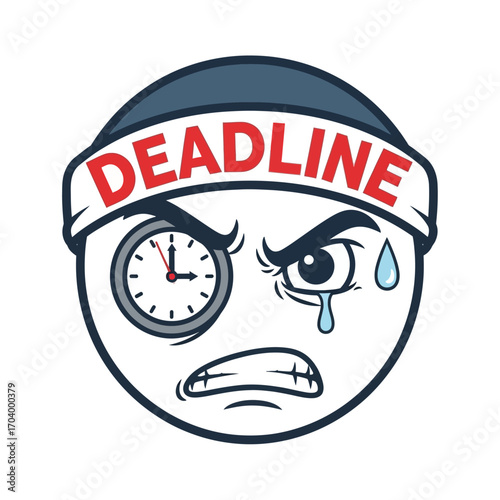 Anxious and overworked emoticon with a clock for an eye, symbolizing the intense pressure and stress of a fast-approaching deadline
