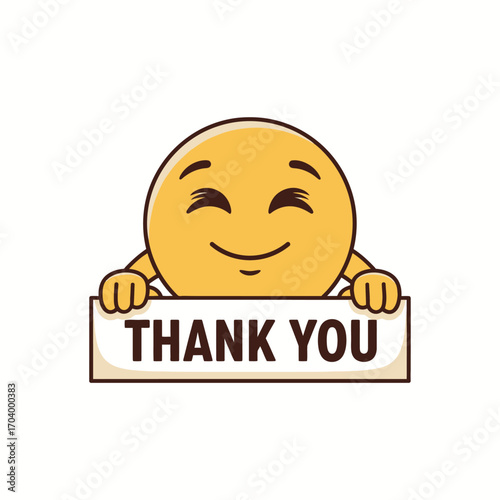 Happy smiling emoji holding a Thank You sign to express gratitude. Cute yellow cartoon character emoticon with a banner for appreciation
