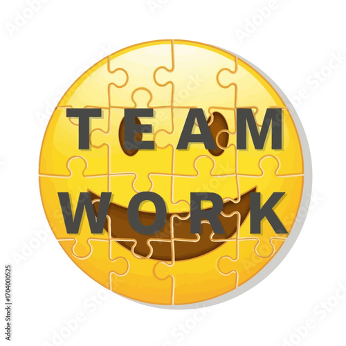 Conceptual illustration of teamwork and collaboration shown as a smiling emoji made from a completed jigsaw puzzle representing synergy and success