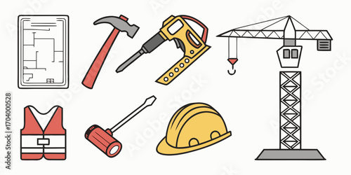 Construction tools and equipment icons vector