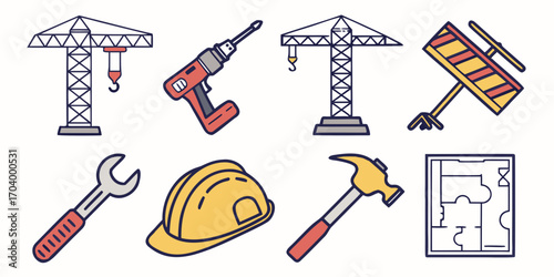 Construction tools and equipment icons vector