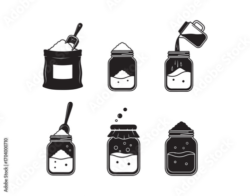 Sourdough silhouette guide. Steps to create your own bread starter. Flour, water, a glass, and a spoon. Preparation process for baking later on. Set of outline icons. Black flat vector