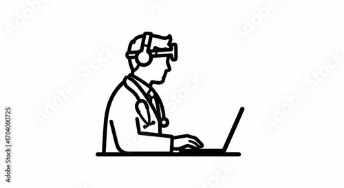 Doctor wearing VR headset using laptop for medical research