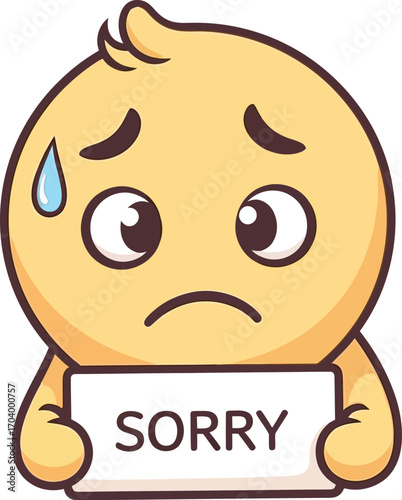 An illustrated sad yellow character expressing regret and apology, holding a Sorry sign with a worried and anxious expression